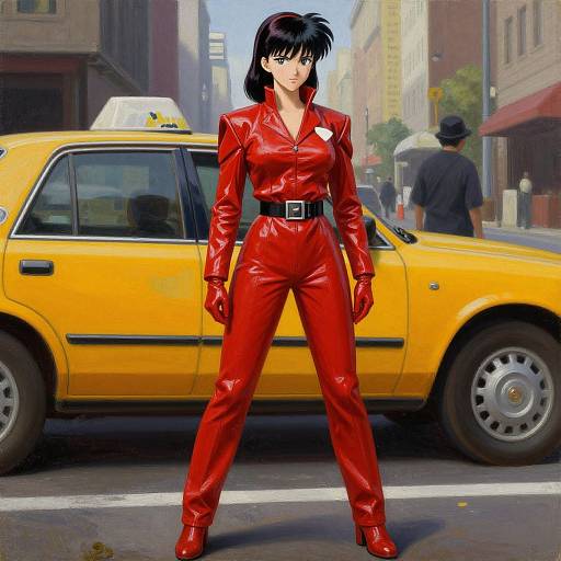 Digital art: Anime-style woman in shiny red leather jumpsuit and gloves, black belt, standing confidently in front of a yellow taxi on a city street