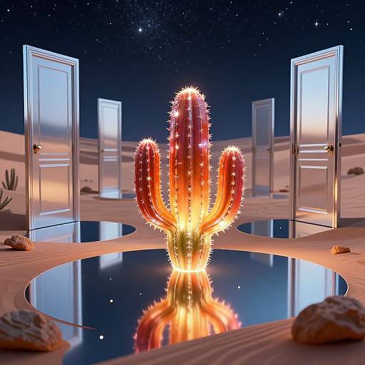 Surreal 3D Desert with Glowing Cactus