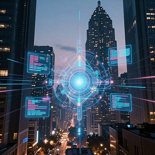 Cyberpunk cityscape photograph showing glowing neon holographic interface with blue and pink data screens, towering skyscrapers, and twilight sky.