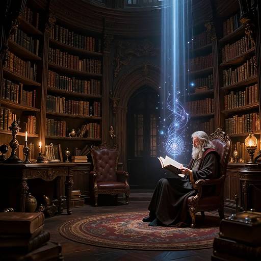 Photograph of an elderly bearded man with white hair in a black robe reading a book, surrounded by bookshelves, candles, and glowing blue