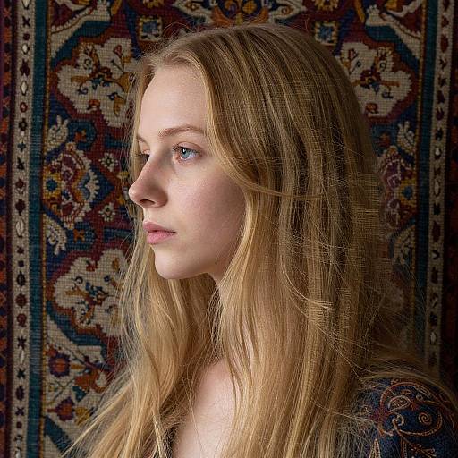 Photograph of a young white woman with long, straight blonde hair, fair skin, blue eyes, and a thoughtful expression, set against a richly