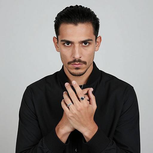 Photograph of a handsome, dark-haired man with a mustache, wearing a black shirt, hands clasped in front, showing a ring, against