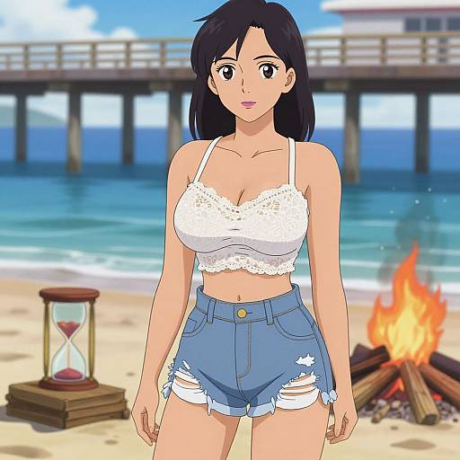 Anime-style drawing of a young woman with black hair, wearing a white lace bralette and frayed blue denim shorts, standing on a beach with a