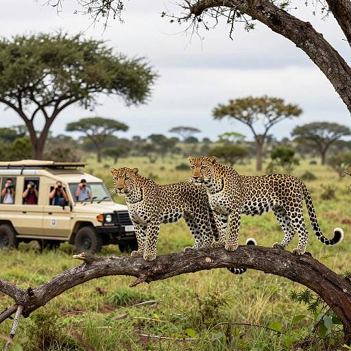 Leopards on Tree with Safari Vehicle