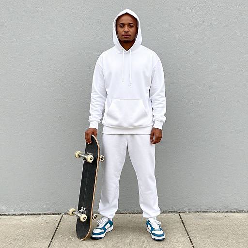 Photograph of a young Black man in white hoodie, pants, and blue-white sneakers, standing against a gray wall holding a black skateboard.
