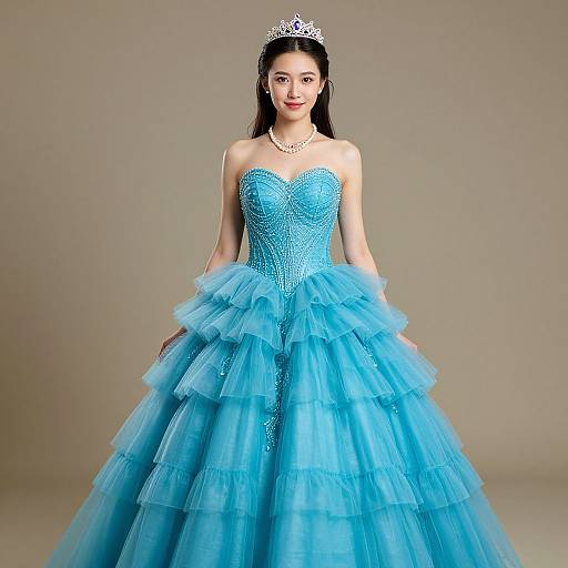 Photograph of an Asian woman with long black hair, wearing a sparkling blue strapless ball gown with multiple layers of tulle, a silver tiara