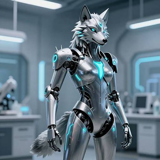 CGI image of a futuristic, silver robotic wolf-woman with glowing blue accents in a high-tech lab, standing confidently.