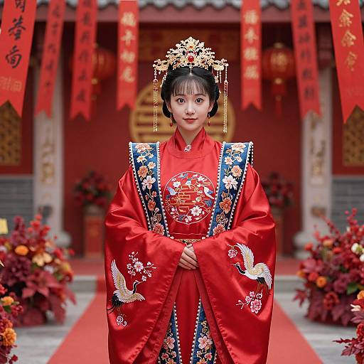 Photograph of an East Asian woman in traditional red Chinese wedding attire with gold embroidery, floral headdress, and ornate sash, standing in a