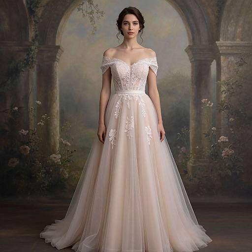 Photograph of a slender woman with dark hair in an off-shoulder, lace and tulle white wedding dress, standing in an archway with