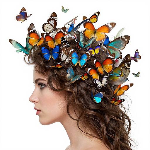 Photograph of a young woman in profile, with curly brown hair, adorned with vibrant orange, blue, and black butterflies on her head. White background