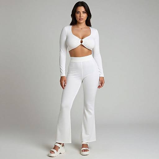 Photograph of a confident woman with medium brown skin, black hair, wearing a white, long-sleeve crop top and high-waisted pants