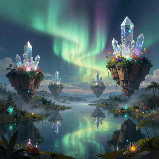 Surreal Floating Islands with Auroras