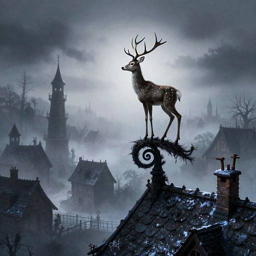 Whimsical Spectral Deer on Rooftop