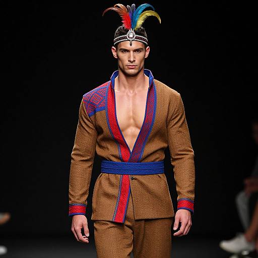 Photograph of a male model on a runway, wearing a brown suit with red and blue trim, deep V-neck, blue belt, and a feather