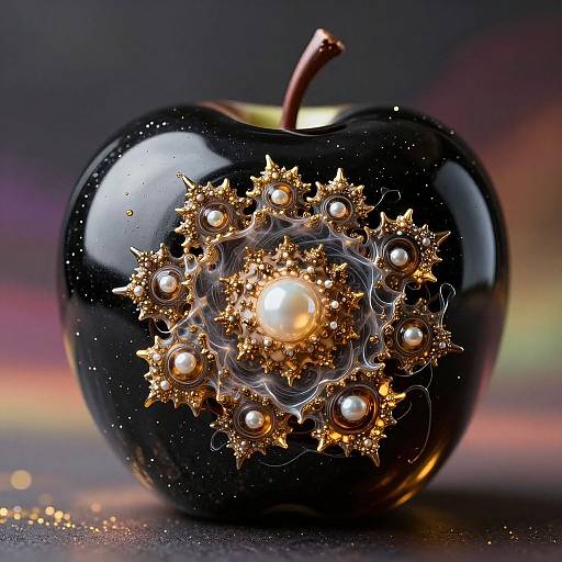 Photograph of a glossy black apple adorned with an intricate golden starburst and pearl design, illuminated against a blurred, multicolored background.