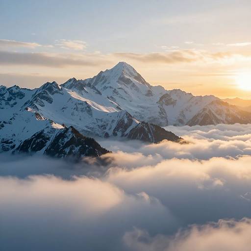 Photograph of a snow-capped mountain peak at sunrise, surrounded by fluffy clouds, with golden sunlight illuminating the rocky terrain.