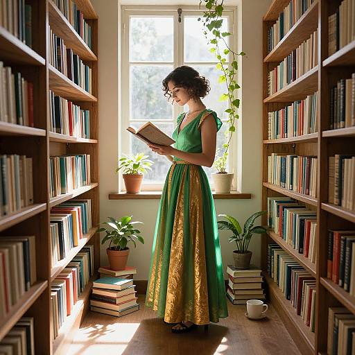 Photograph of a curly-haired woman in a green and gold dress, reading a book in a sunlit, narrow library aisle.