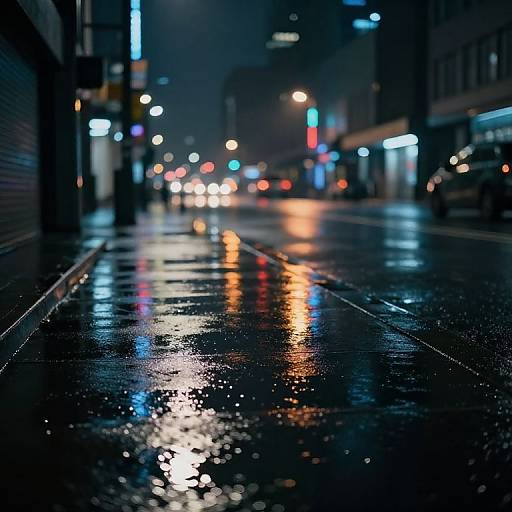 Nighttime photograph of a wet, reflective city street with colorful neon lights, blurred storefronts, and glowing headlights in the distance.