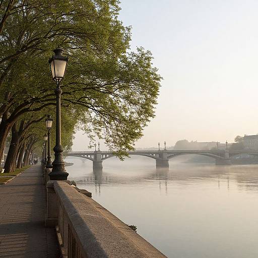 Photograph of a misty riverside path lined with black lampposts and trees, leading to a fog-covered arched bridge in the background
