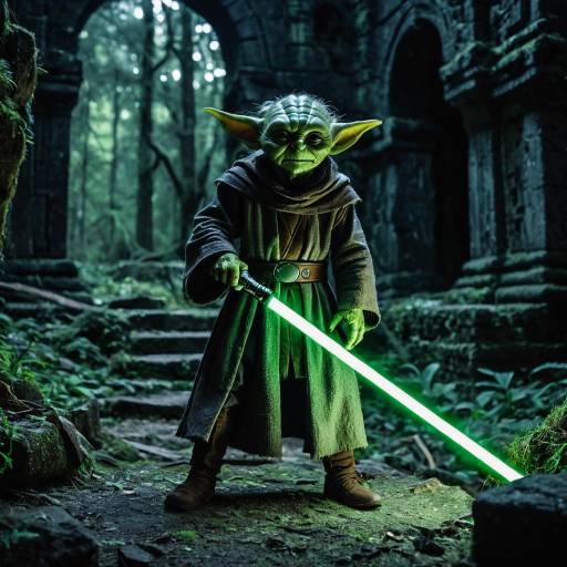 Goblin with Green Lightsaber in Ancient Ruins