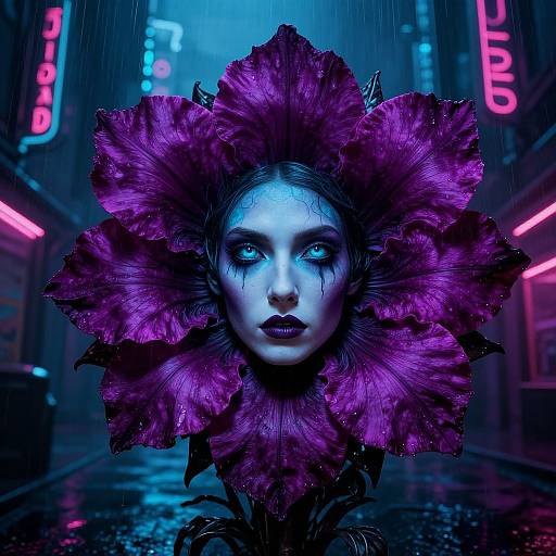 Digital art of a woman with striking blue eyes, pale skin, and dark makeup, wearing a large, vibrant purple flower as a headpiece, in