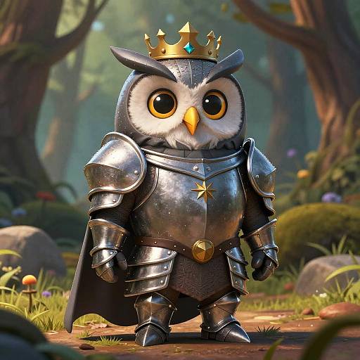 CGI image of an armored, crowned owl with large yellow eyes standing in a forest with sunlight filtering through trees.