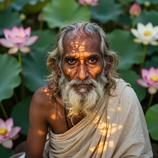Photograph of an elderly Indian man with a long white beard, sunlit wrinkles, and a white drape, surrounded by pink lotus flowers and
