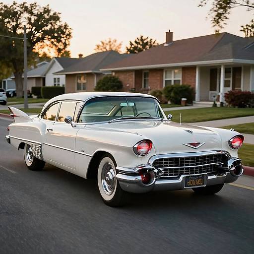 Photograph of a white, classic 1950s Chevrolet sedan with chrome accents driving on a suburban street at sunset, with houses and trees in the