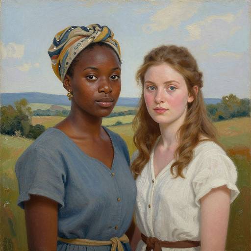 Realistic painting of a dark-skinned African woman in blue dress and yellow headscarf, standing beside a fair-skinned, red-haired girl in