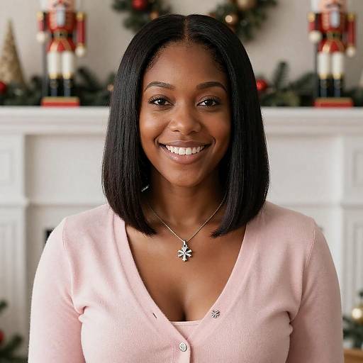 Cheerful Woman by Festive Fireplace
