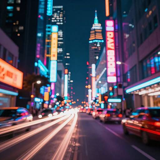Photograph of a vibrant, bustling city street at night, filled with colorful neon signs, blurred car lights, and bustling traffic.
