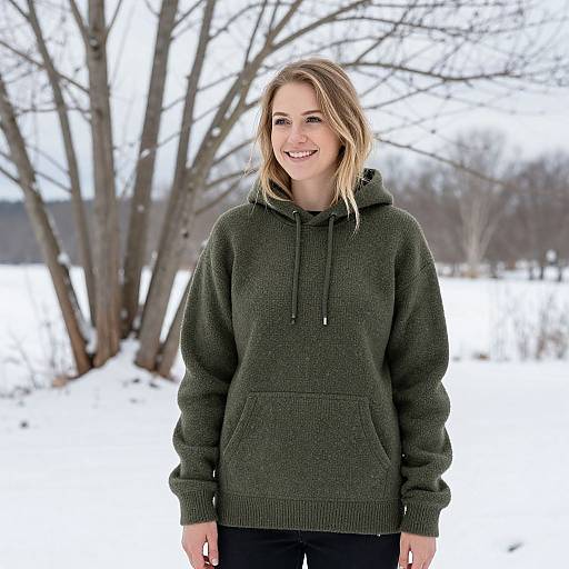 Smiling Woman in Olive Green Hoodie in Snowy Outdoors