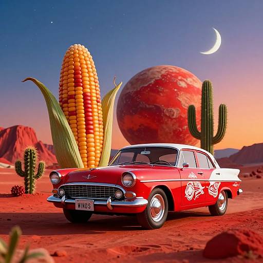 Photorealistic digital artwork of a vibrant red 1950s car with white accents, parked in a surreal desert with a giant corn cob, c