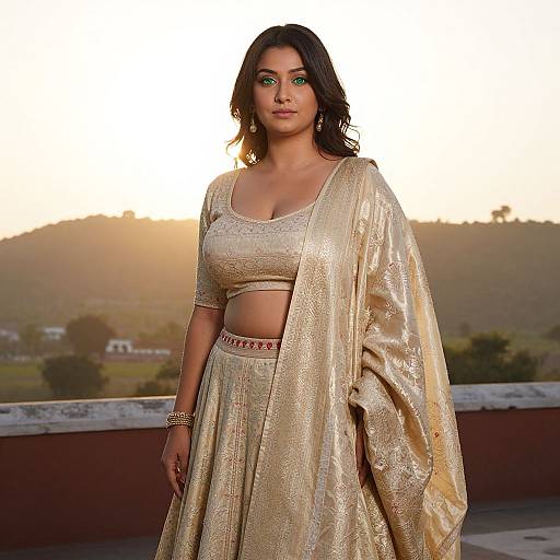Photograph of a beautiful South Asian woman with dark hair, wearing a gold traditional outfit with a matching dupatta, standing against a sunset-lit hill