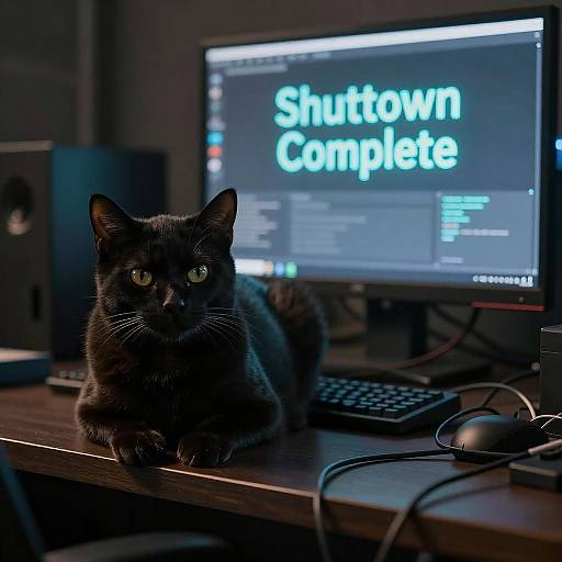Photograph of a black cat with green eyes sitting on a wooden desk in front of a computer screen displaying 