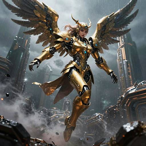 Digital artwork of a golden-winged female warrior with cybernetic armor, horns, and glowing blue accents, flying over a futuristic, rain-soaked