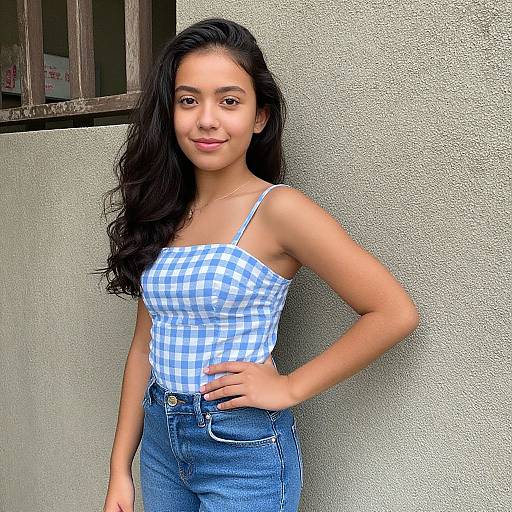 Photograph of a young Asian woman with long black hair, wearing a blue and white checkered spaghetti strap top and high-waisted blue jeans,
