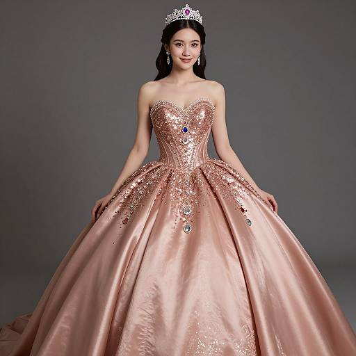Photograph of a smiling Asian woman in a sparkling, strapless, peach ball gown with a full skirt, adorned with jewels, wearing a silver ti