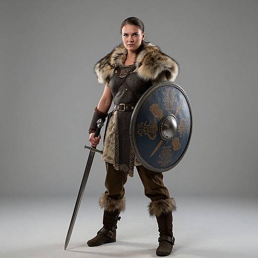 Photograph of a fierce female warrior with dark hair, wearing a fur-trimmed leather tunic, holding a sword and round shield with intricate designs