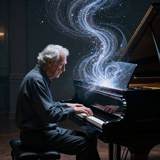 Photograph of an elderly white man with white hair playing a grand piano, surrounded by ethereal blue and white light swirls.