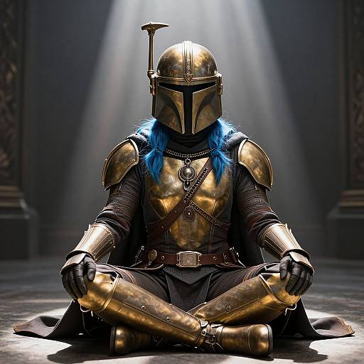 Photograph of a person in golden Mandalorian armor with blue fur, sitting cross-legged in a dimly lit room, spotlight above.