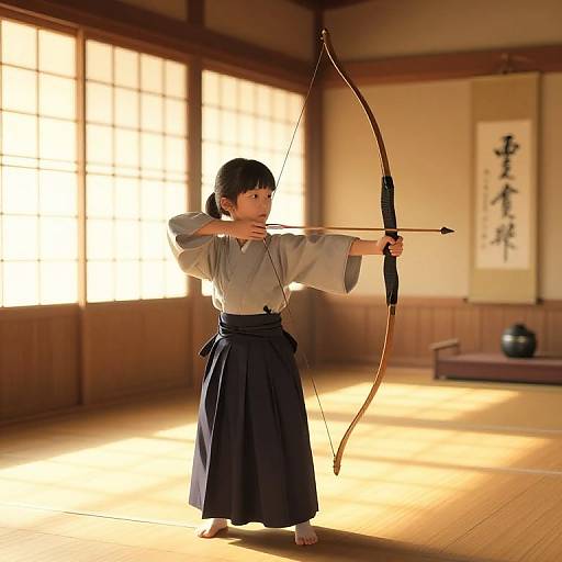 Japanese woman in traditional kimono and hakama, standing in sunlit wooden room, drawing a bow with focused expression. Photorealistic CGI.