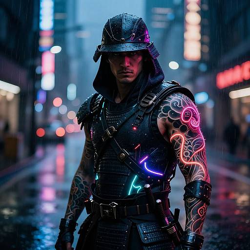 Cyberpunk Mercenary Tattoos with Neon Glow