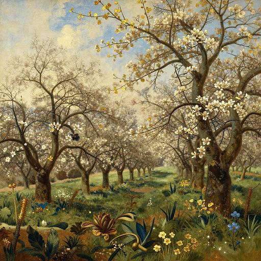 Photograph-style digital painting of a sunlit orchard with blooming white flowers, tall trees, lush green grass, and colorful wildflowers in the