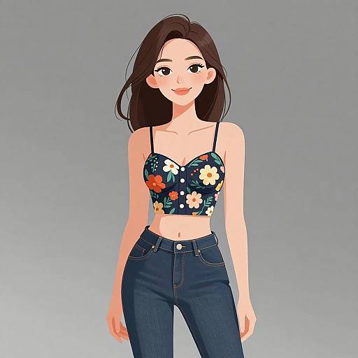 Digital anime-style drawing of a smiling woman with long brown hair, wearing a floral crop top and high-waisted blue jeans.