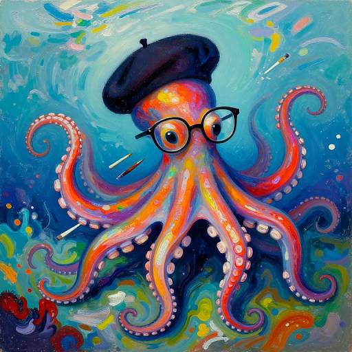 Vibrant digital painting of an octopus with glasses and a black beret, set against a swirling blue and yellow underwater background.