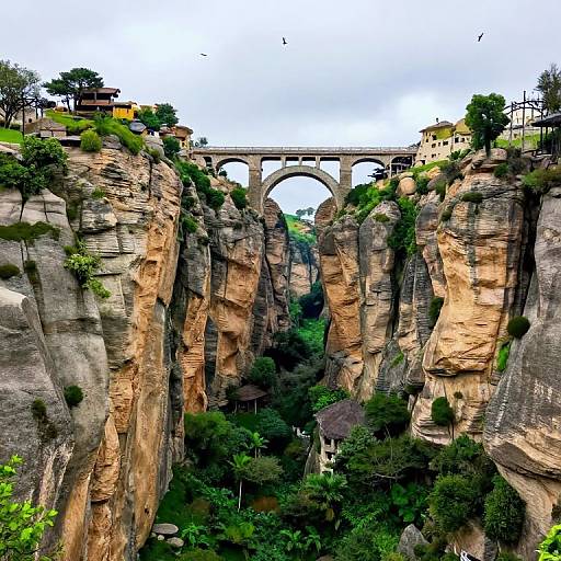 Photograph of a scenic cliff with tall, rugged rock faces, lush greenery, and a stone arch bridge spanning the chasm. Buildings with yellow
