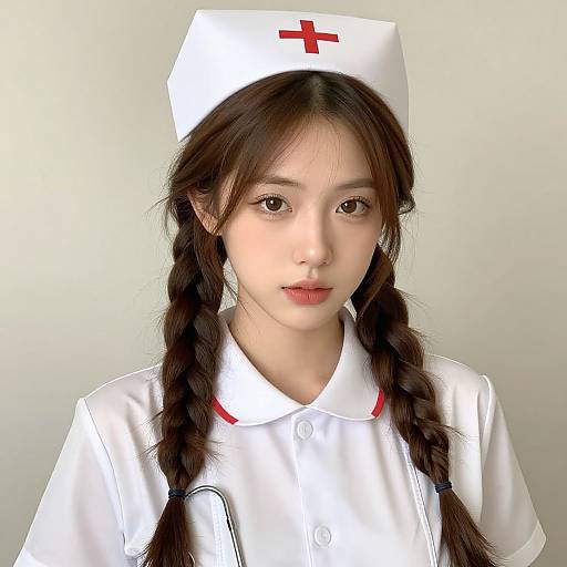 Photograph of an Asian woman with long black braided hair, wearing a white nurse uniform with a red cross hat, against a plain white background.