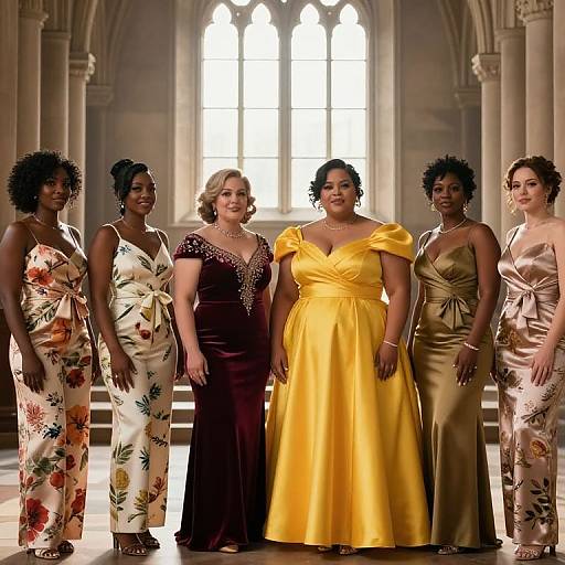 Photograph of six women in elegant evening gowns, standing in a Gothic-style hall with arched windows, showcasing a variety of vibrant and sophisticated colors