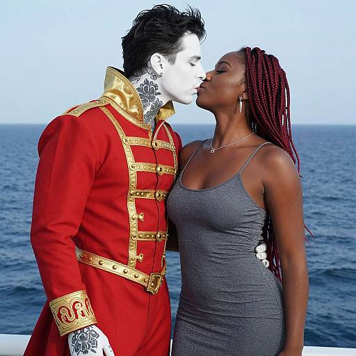 Digital artwork of a white man in a red military uniform kissing a black woman with braided hair in a gray dress by the ocean.